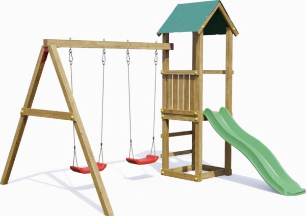 Vue principale de l'aire de jeux FUNGOO LUCAS avec balançoire toboggan - illustration générée non contractuelle
