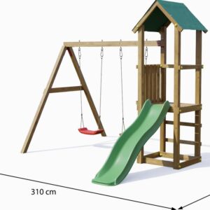 Aire de jeux FUNGOO LUCAS avec balançoire toboggan, dimensions indiquées, référence 8120PK