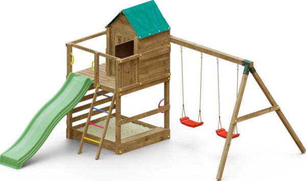 Aire de jeux pour enfants avec balançoire, toboggan, et cabane en bois FUNGOO JARCAS - illustration générée non contractuelle