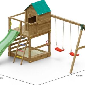 Image principale de l'aire de jeux FUNGOO JARCAS avec balançoire toboggan cabane, dimensions indiquées