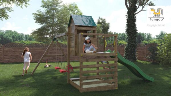 Image principale de l'aire de jeux FUNGOO JARCAS avec balançoire, toboggan vert et cabane en bois pour enfants. Illustration générée non contractuelle.