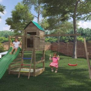 FUNGOO JARCAS aire de jeux principale avec balançoire, toboggan et cabane pour enfants, illustration générée non contractuelle