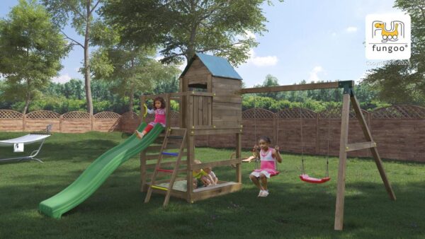 balançoire toboggan cabane FUNGOO JARCAS 5400PK aire de jeux complète pour enfants