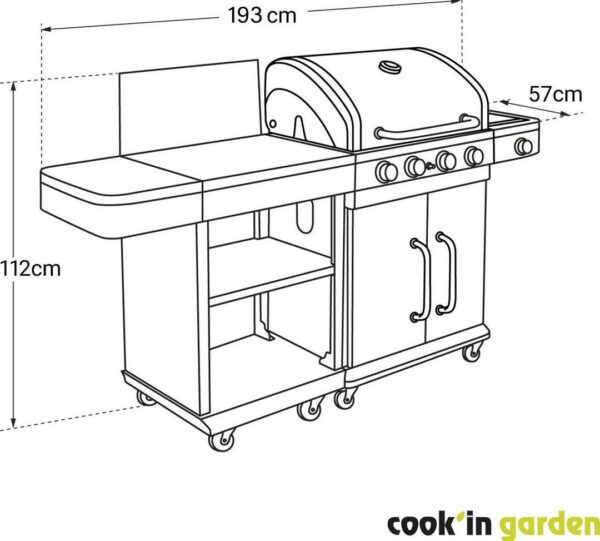 Illustration du barbecue avec desserte COAM064SBI, dimensions indiquées