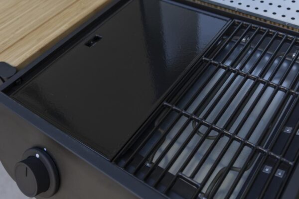 Vue rapprochée du barbecue électrique balcon FLAVO 50 SC ELEC, grille et plancha exposées, référence EL004T ST