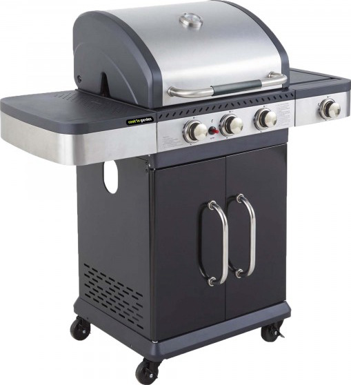 Barbecue gaz FIDGI 3, image principale, barbecue avec 3 brûleurs, plancha, grille et espace de rangement avec capot et thermomètre, modèle AM063SBI