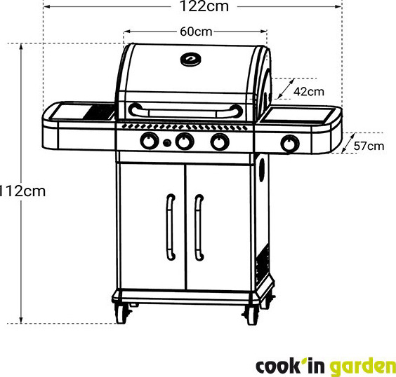 Schéma avec dimensions du barbecue FIDGI 3, illustration générée non contractuelle