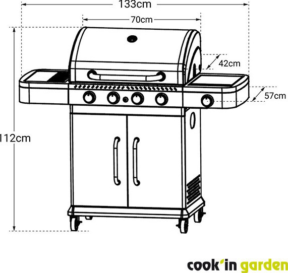 Schéma avec dimensions du barbecue gaz FIDGI 4, référence AM064SBI