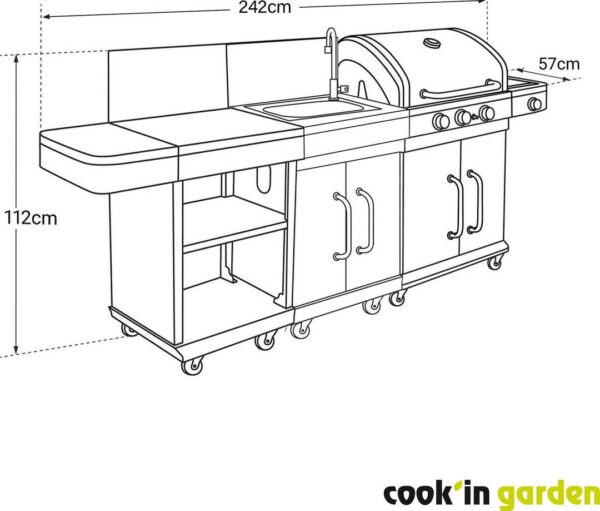 Schéma technique des dimensions du barbecue gaz avec cuisine d'été FIDGI 3, référence produit COAM063SBI/2.