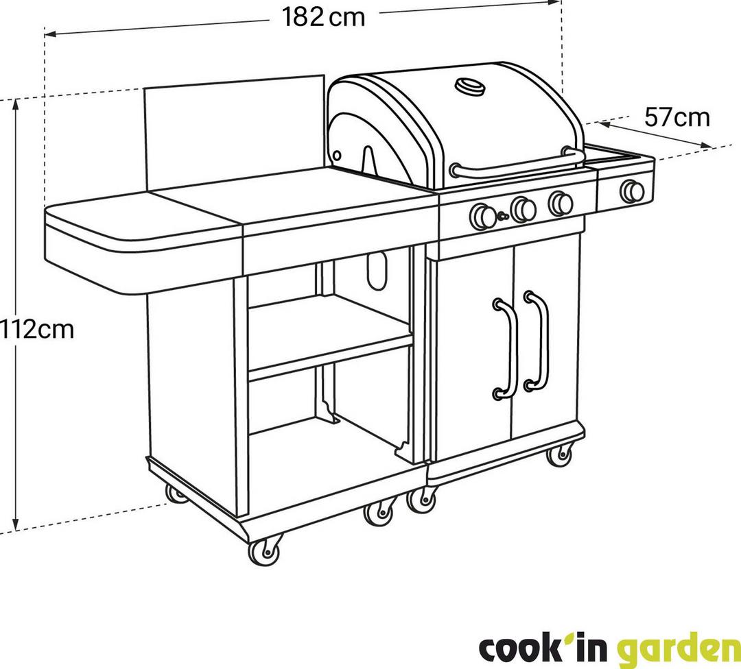 Schéma dimensionnel du barbecue gaz avec desserte FIDGI 3, illustration générée non contractuelle, référence COAM063SBI