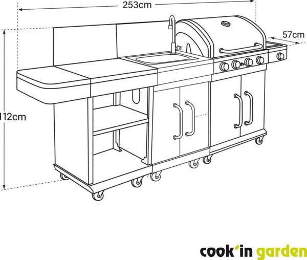 Schéma avec mesures de la cuisine d'été barbecue gaz FIDGI 4 avec desserte et évier, référence COAM064SBI/2, illustration générée non contractuelle