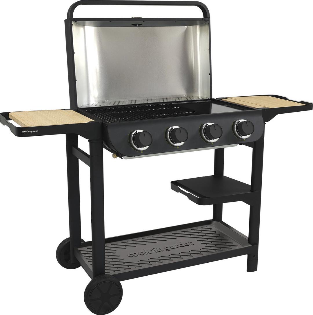 Barbecue gaz grill et plancha FLAVO 76 SC AM084T avec capot ouvert