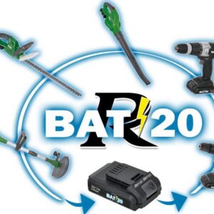 illustration générée non contractuelle de la Batterie 20V 4Ah PRBAT20/4 et ses applications possibles avec divers outils.