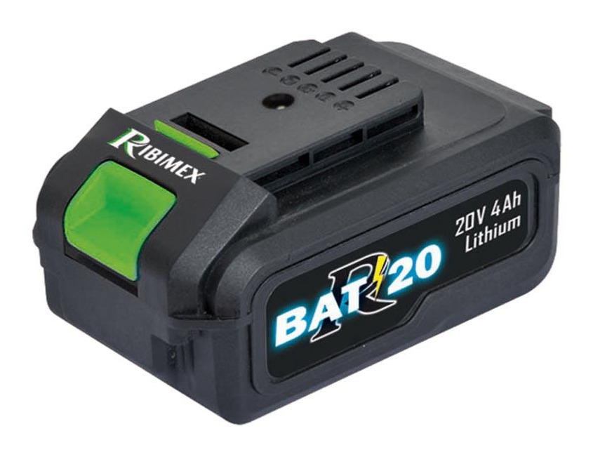 Batterie 4 Ah 20 V lithium-ion pour outils sans fil – Ribimex R-BAT20 1 Batterie lithium-ion noire 20 V 4 Ah de la gamme sans fil R-BAT20, vue de face