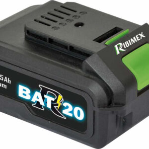 Batterie 20V 5 ampères R-Bat20 principale, RIBIMEX, vue de face avec témoin de charge visible.