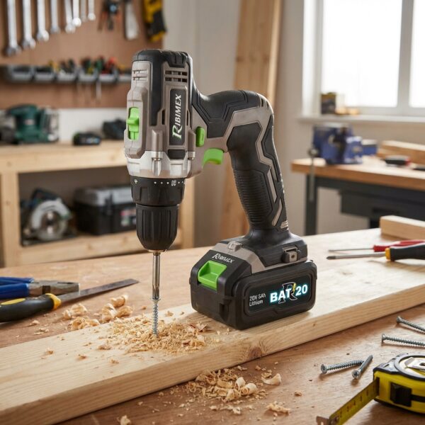 Perceuse avec Batterie 20V 5Ah R-Bat20 en action sur plan de travail