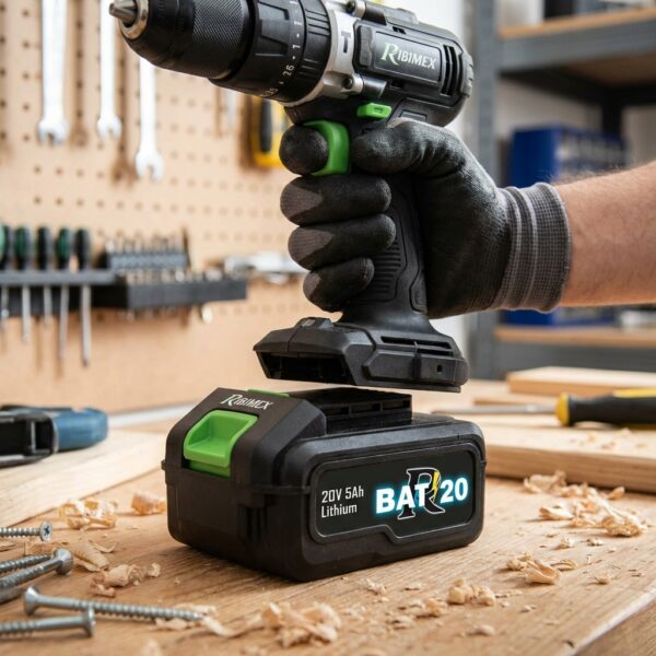 Batterie 20V PRBAT20/5 principale attachée à une perceuse Ribimex sur un établi.