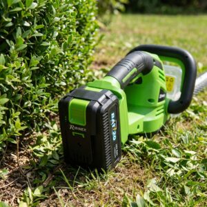 Batterie R-BAT20 PRBAT20/8 en utilisation sur un outil de jardinage Ribimex au sol