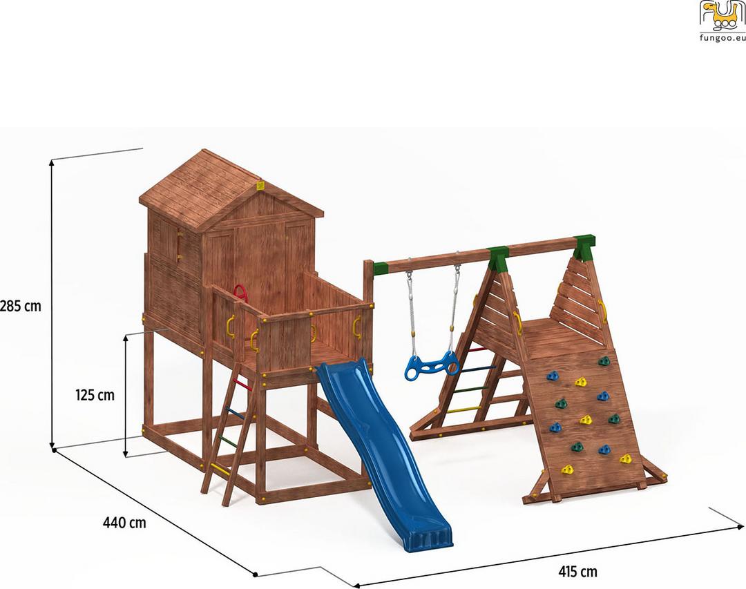 Illustration générée non contractuelle de la cabane enfant avec toboggan FUNGOO MyHOUSE SPIDER 3512PT avec cotes