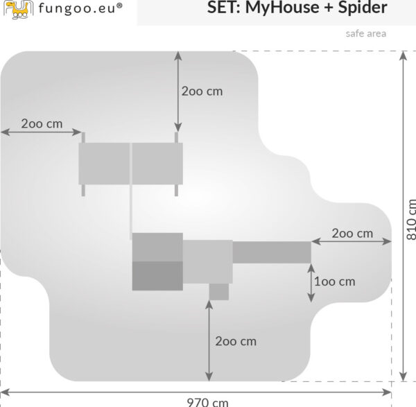 Schéma des dimensions et de la zone de sécurité pour la cabane enfant avec toboggan MyHOUSE SPIDER. Référence produit : 3512PT