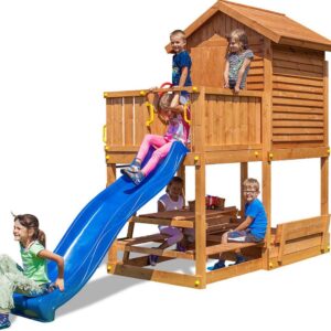 cabane enfant sur pilotis FUNGOO MyHOUSE FREE TIME BEACH avec toboggan bleu - image principale