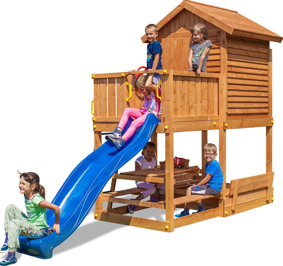 cabane enfant sur pilotis FUNGOO MyHOUSE FREE TIME BEACH avec toboggan bleu - image principale