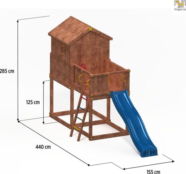 Cabane enfant sur pilotis FUNGOO MyHOUSE FREE TIME BEACH avec dimensions et vue d'ensemble du toboggan bleu - illustration générée non contractuelle - Référence: 3523PT