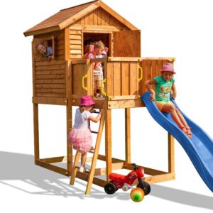 Image principale de la cabane sur pilotis enfant FUNGOO MYHOUSE, référence 1075PT, avec toboggan bleu.