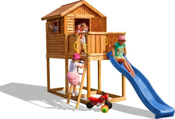 Image principale de la cabane sur pilotis enfant FUNGOO MYHOUSE, référence 1075PT, avec toboggan bleu.