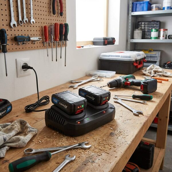 Chargeur double PRBAT20/CHX2 avec deux batteries RIBIMEX en charge sur un établi d'atelier.