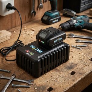 Image principale du Chargeur Ribimex R-bat20 avec batterie en cours de chargement sur un établi, référence PRBAT20/CHURA.