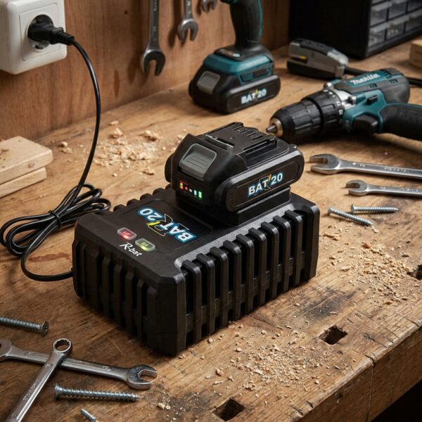 Image principale du Chargeur Ribimex R-bat20 avec batterie en cours de chargement sur un établi, référence PRBAT20/CHURA.
