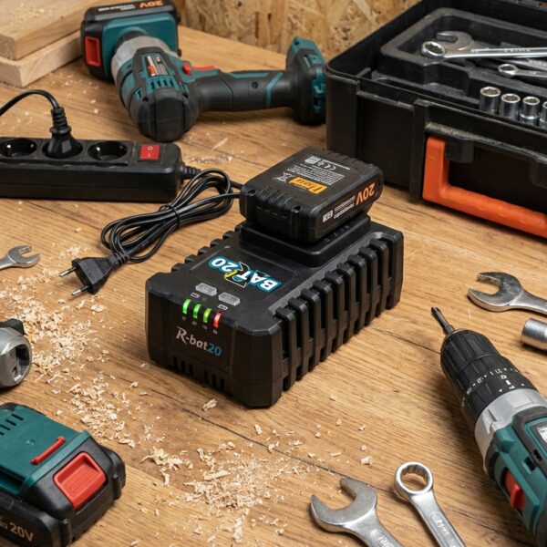 Chargeur Ribimex PRBAT20/CHURA avec témoin de charge affiché sur établi avec outils