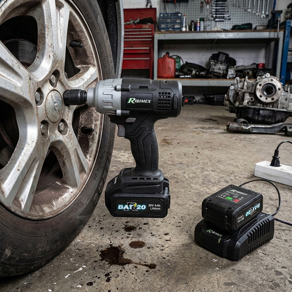 Clé à choc à batterie 20V 4Ah + chargeur rapide PRBAT20/CC4 - Ribimex 2 Clé à choc à batterie PRBAT20/CC4 en action sur une roue, avec chargeur rapide en arrière-plan