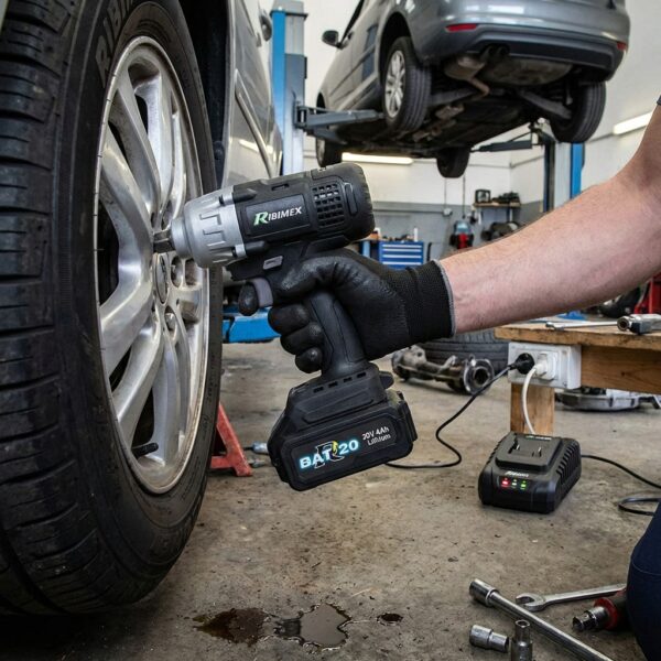 Clé à choc à batterie RIBIMEX PRBAT20/CC4 en utilisation sur une roue de voiture dans un garage