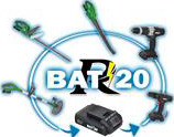 Coupe bordure à batterie R-BAT20 20V 2Ah + chargeur PRBAT20/CB - Ribimex 3 Illustration générée non contractuelle pour le coupe bordure à batterie PRBAT20/CB montrant les différents outils alimentés par la même batterie.