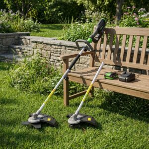 Vue d'ensemble de la Débroussailleuse R-BAT20 2x20v avec batterie et chargeur sur un banc en bois dans un jardin, PRBAT20/DEBT