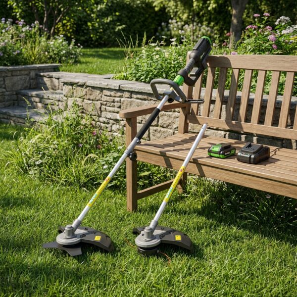 Vue d'ensemble de la Débroussailleuse R-BAT20 2x20v avec batterie et chargeur sur un banc en bois dans un jardin, PRBAT20/DEBT