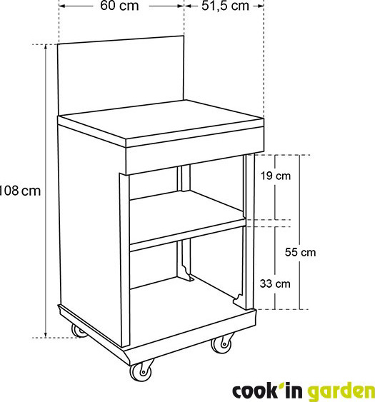 Schéma technique des dimensions de la desserte cuisine extérieure FIDGI, modèle WT030T, montrant les mesures détaillées.