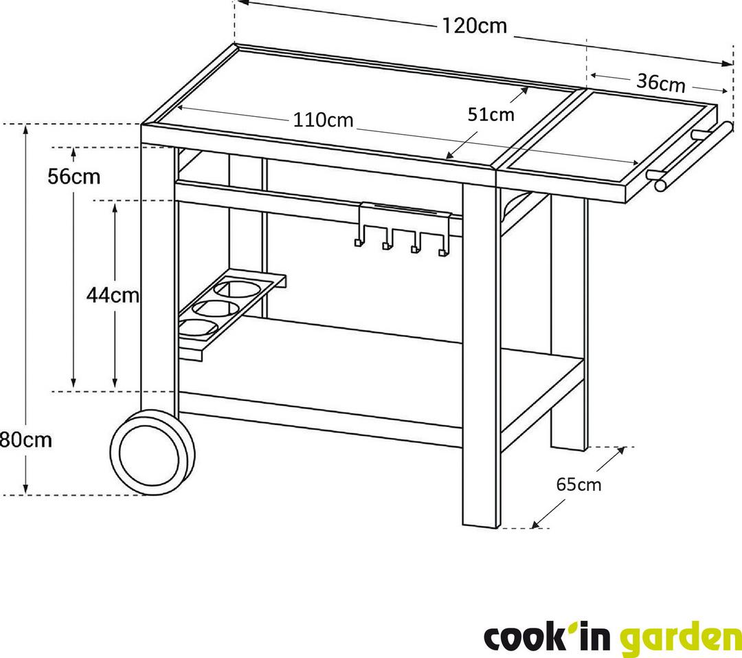 Illustration des dimensions de la desserte de jardin extérieur MEDIA L, référence WT013T