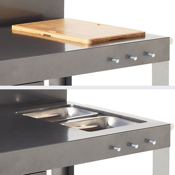 Desserte NOVA 110 PREMIUM avec planche à découper et bacs en inox.