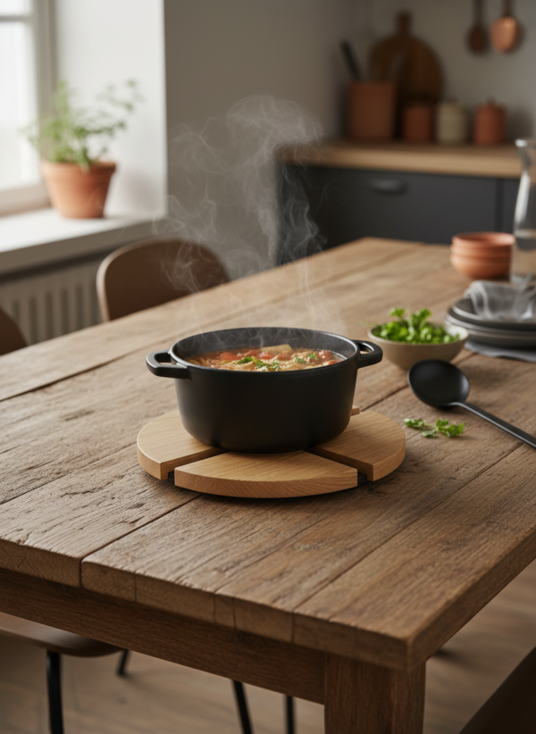 Image principale du dessous de plat rond en bois 20 cm MTR-2074122 en chêne massif avec une casserole dessus, mise en scène sur une table en bois.