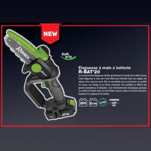 Image principale de l'élagueuse à batterie R-BAT20 20v avec guide de 127mm et batterie 2 Ah