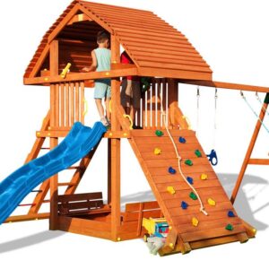 Image principale de la grande aire de jeux FUNGOO GIANT MOVE + BEACH, référence 3508PT, avec toboggan bleu, mur d'escalade, et balançoire.