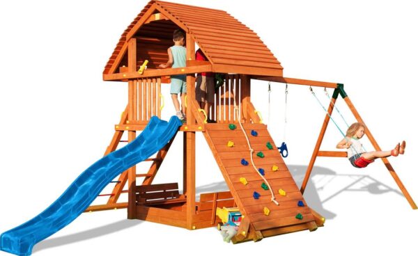 Image principale de la grande aire de jeux FUNGOO GIANT MOVE + BEACH, référence 3508PT, avec toboggan bleu, mur d'escalade, et balançoire.