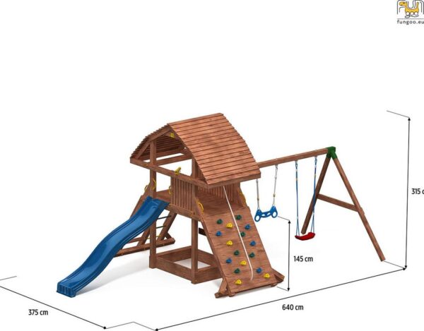 Illustration générée non contractuelle de la grande aire de jeux FUNGOO GIANT MOVE + BEACH, référence 3508PT, avec dimensions.