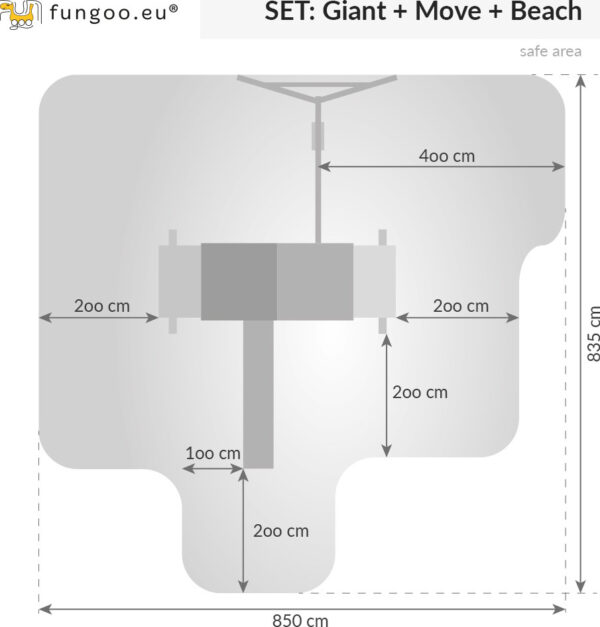 Illustration des dimensions de la grande aire de jeux FUNGOO GIANT MOVE + BEACH, référence 3508PT