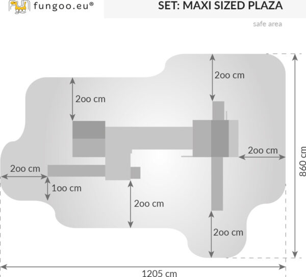 Schéma des dimensions de sécurité de la grande aire de jeux pour enfants, MAXI SET FUNGOO SIZED PLAZA, référence 3527PT