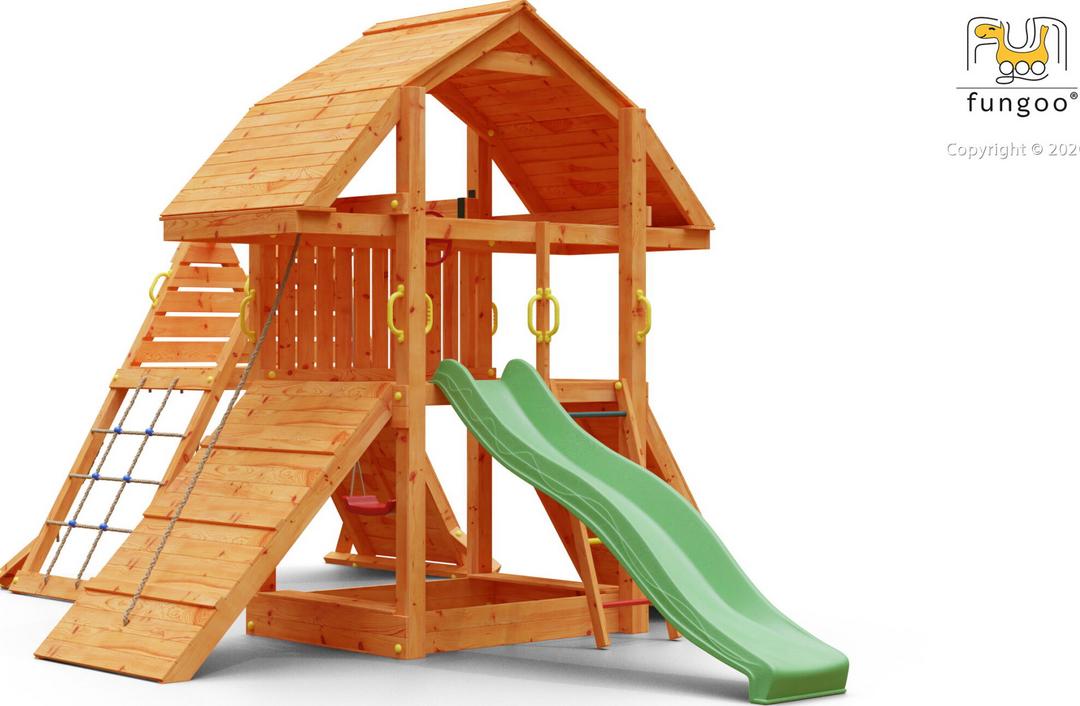 Aire de jeux principale Fungoo Buffalo Spider avec toboggan vert de 2,2 m, vue générale. Référence 6424PT.