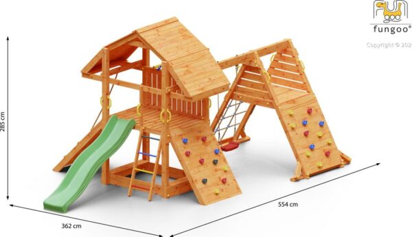 Image principale de la grande balançoire FUNGOO BUFFALO SPIDER avec toboggan vert et modules d'escalade, illustration générée non contractuelle, référence 6424PT